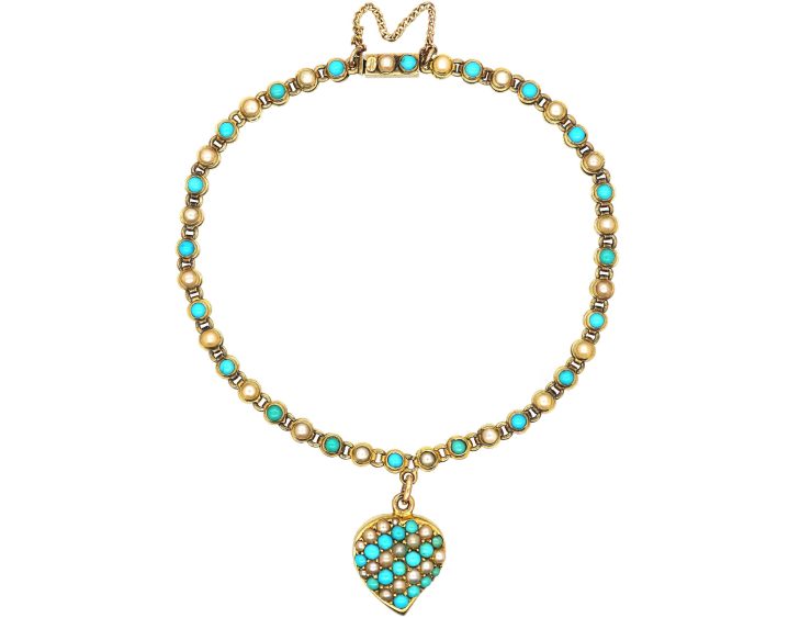 Victorian 15ct Gold Bracelet with Weeping Heart Locket set with Turquoise & Natural Split Pearls