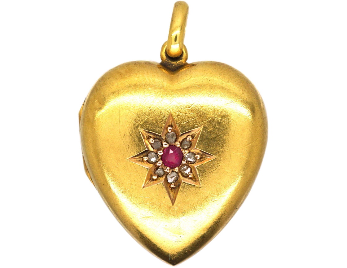 Ruby Heart Locket Edwardian 15ct Gold Heart Locket set with a Ruby & Rose Diamonds (479Z ...