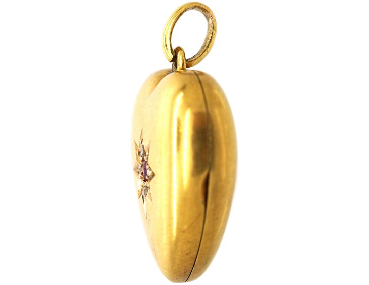 Edwardian 15ct Gold Heart Locket set with a Ruby & Rose Diamonds