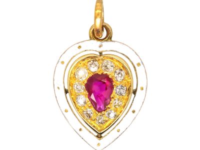 Victorian 15ct Gold & White Enamel Heart Pendant set with a Ruby & Diamonds