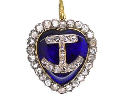 French 19th Century 14ct Gold & Silver Heart Pendant with Blue Glass, Anchor & Rose Diamond Detail