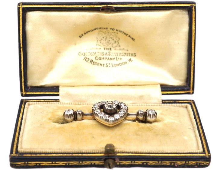 Victorian 15ct Gold & Silver Heart Brooch set with Diamonds in original Case