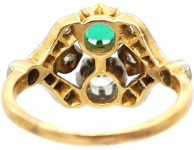 Edwardian 18ct Gold & Platinum, Two Stone Diamond & Emerald Ring with Ornate Shoulders