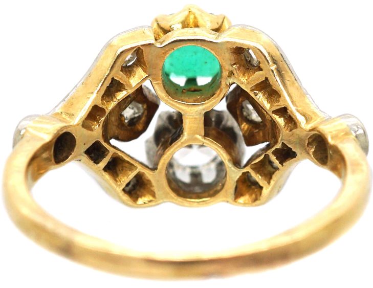 Edwardian 18ct Gold & Platinum, Two Stone Diamond & Emerald Ring with Ornate Shoulders