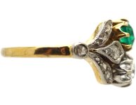 Edwardian 18ct Gold & Platinum, Two Stone Diamond & Emerald Ring with Ornate Shoulders