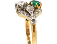 Edwardian 18ct Gold & Platinum, Two Stone Diamond & Emerald Ring with Ornate Shoulders