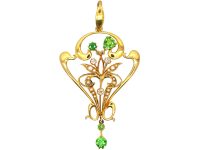 Art Nouveau 15ct Gold Pendant set with Green Garnets, Diamonds & Natural Split Pearls