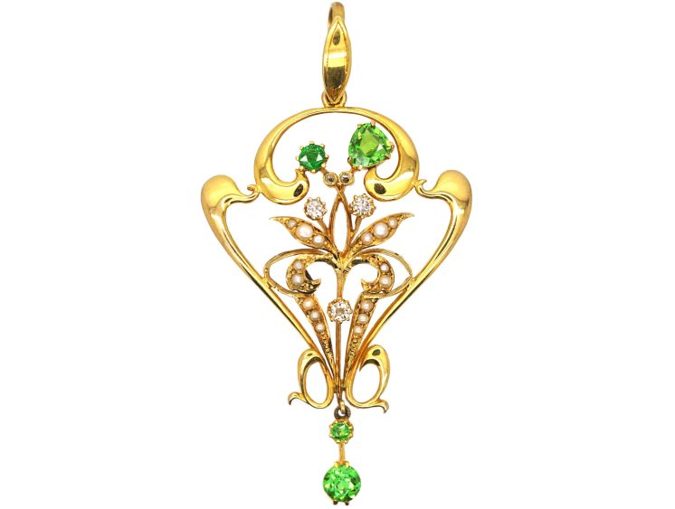 Art Nouveau 15ct Gold Pendant set with Green Garnets, Diamonds & Natural Split Pearls