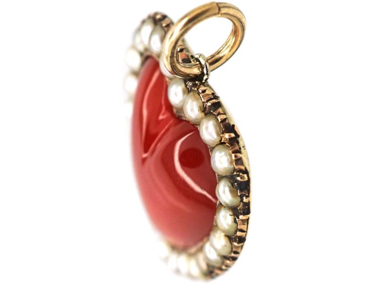 Georgian Gold & Carnelian Heart Pendant with Natural Split Pearl Surround