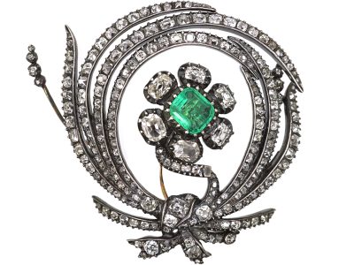 Georgian Large Gold & Silver Emerald & Old Mine Cut Diamond En Tremblant Flower Brooch
