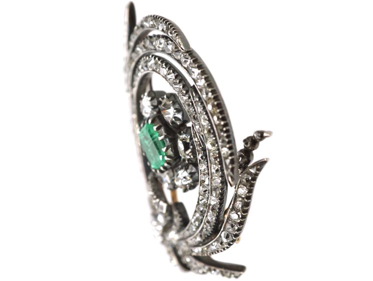 Georgian Large Gold & Silver Emerald & Old Mine Cut Diamond En Tremblant Flower Brooch
