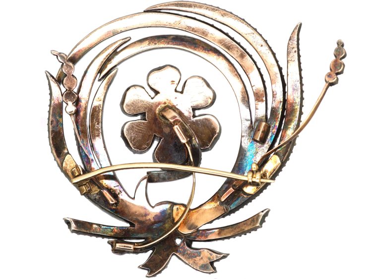 Georgian Large Gold & Silver Emerald & Old Mine Cut Diamond En Tremblant Flower Brooch