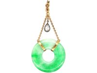 Art Deco Jade, 15ct Gold & Diamond Pendant in Original Case from Spinks