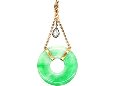 Art Deco Jade, 15ct Gold & Diamond Pendant in Original Case from Spinks