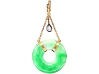 Art Deco Jade, 15ct Gold & Diamond Pendant in Original Case from Spinks