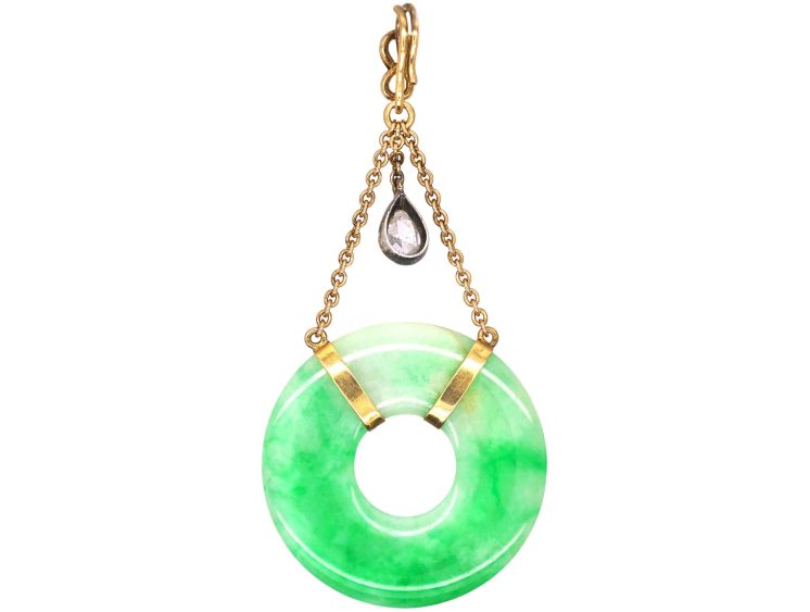 Art Deco Jade, 15ct Gold & Diamond Pendant in Original Case from Spinks