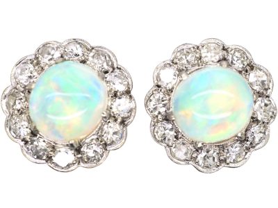 Early 20th Century Platinum Opal &. Diamond Cluster Earrings