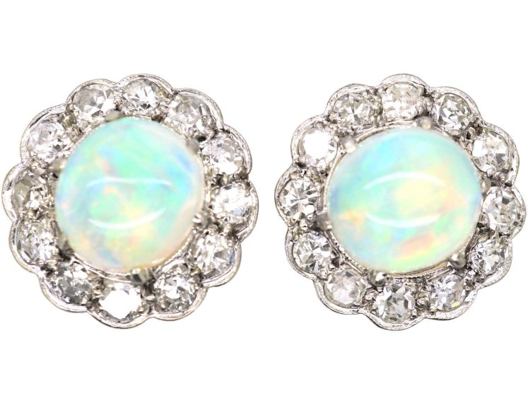 Early 20th Century Platinum Opal &. Diamond Cluster Earrings