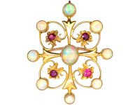 Edwardian 9ct Gold Pendant Brooch set with Opals & Rubies