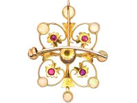 Edwardian 9ct Gold Pendant Brooch set with Opals & Rubies