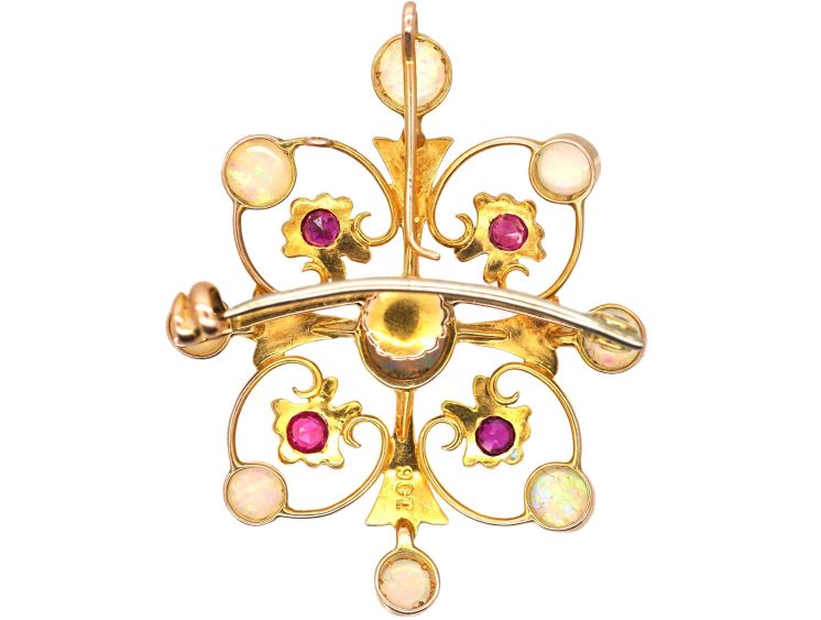 Edwardian 9ct Gold Pendant Brooch set with Opals & Rubies