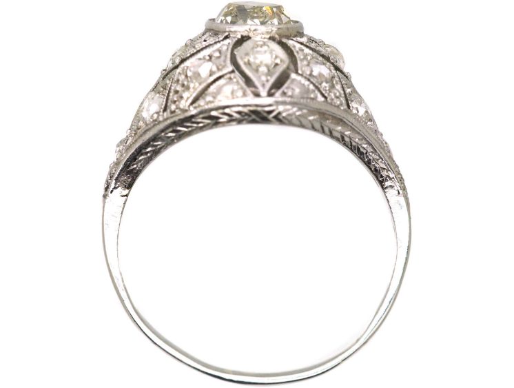 Art Deco Platinum Pierced Bombè Cluster Ring set with a Pale Yellow Diamond & Rose Diamonds