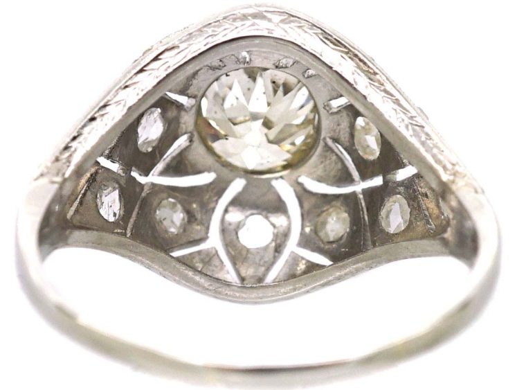 Art Deco Platinum Pierced Bombè Cluster Ring set with a Pale Yellow Diamond & Rose Diamonds