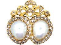 Victorian 18ct Gold Double Heart Ring set with Two Natural Pearls & Rose Diamonds