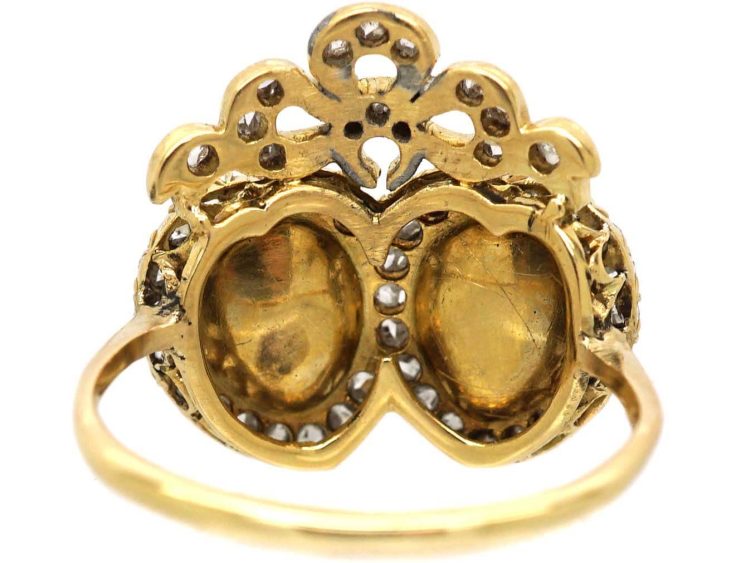 Victorian 18ct Gold Double Heart Ring set with Two Natural Pearls & Rose Diamonds