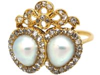 Victorian 18ct Gold Double Heart Ring set with Two Natural Pearls & Rose Diamonds
