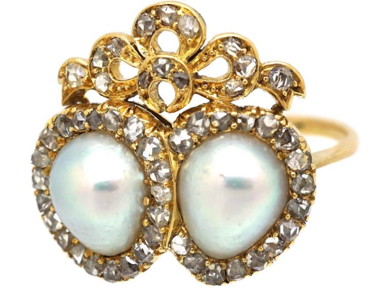 Victorian 18ct Gold Double Heart Ring set with Two Natural Pearls & Rose Diamonds