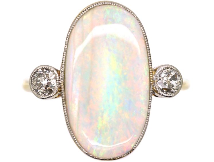 Art Deco 18ct Gold & Platinum, Large Cabochon Opal & Diamond Ring