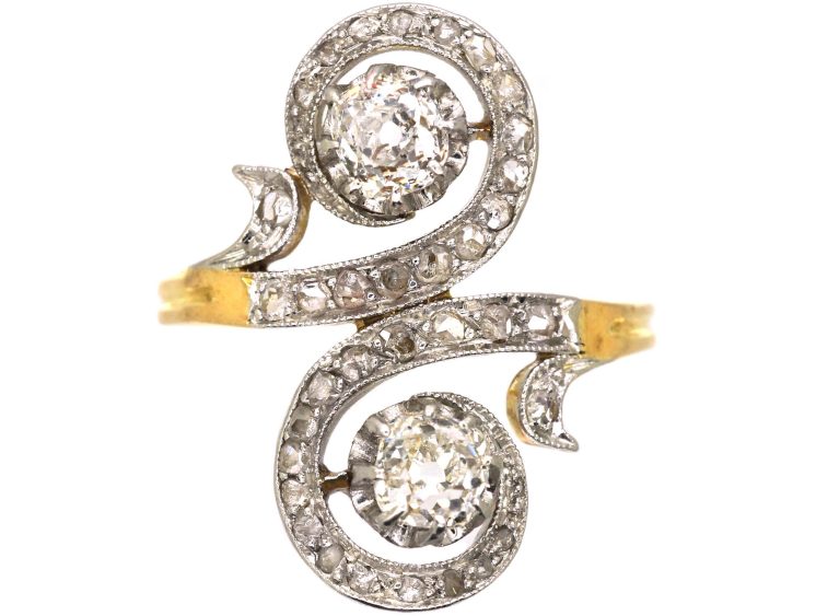 Art Nouveau French Import 18ct Gold & Platinum Fancy Crossover Ring set with Diamonds