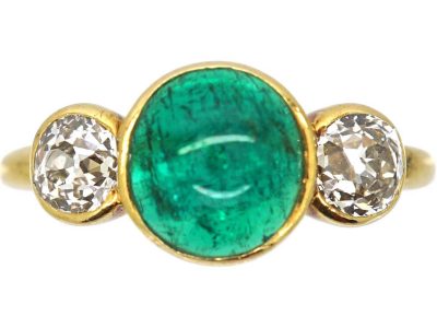 Early 20th Century 18ct Gold Ring set with a Cabochon Cut Emerald & Two Diamonds