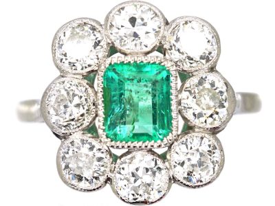 Early 20th Century Platinum, Emerald & Diamond Rectangular Cluster Ring