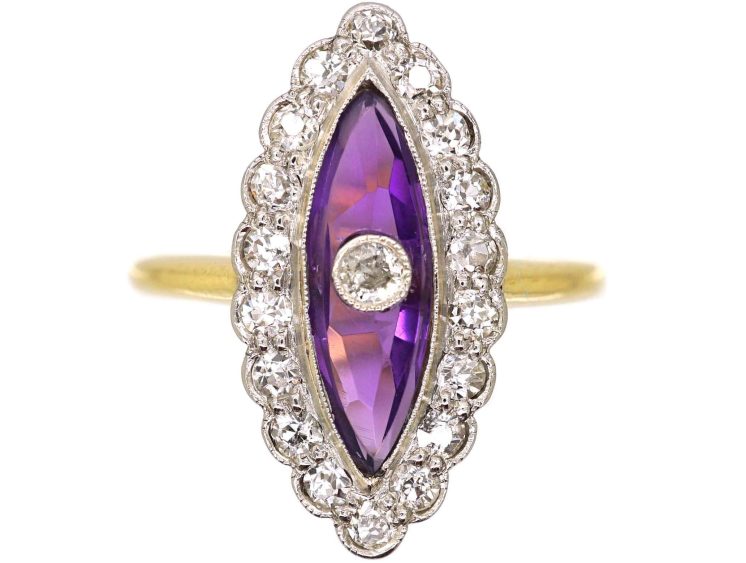 Art Deco 18ct Gold & Platinum, Marquise Ring set with an Amethyst & Diamonds by Henry Barnett Joseph