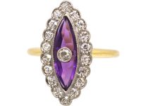 Art Deco 18ct Gold & Platinum, Marquise Ring set with an Amethyst & Diamonds by Henry Barnett Joseph