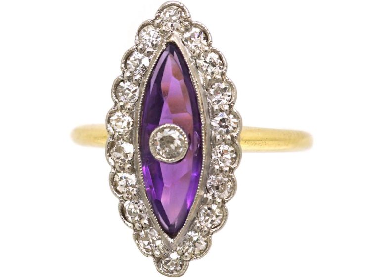 Art Deco 18ct Gold & Platinum, Marquise Ring set with an Amethyst & Diamonds by Henry Barnett Joseph