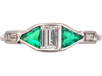 Art Deco Platinum Rectangular Cut Diamond & Triangular Cut Diamond Three Stone Ring