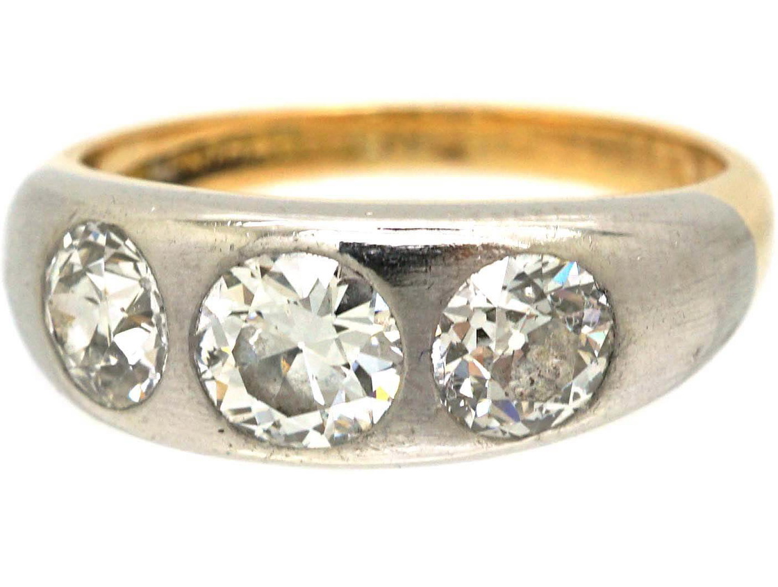 Rub Over Stone Setting Edwardian 18ct Gold & Platinum Three Stone Diamond Rub Over Set Ring ...