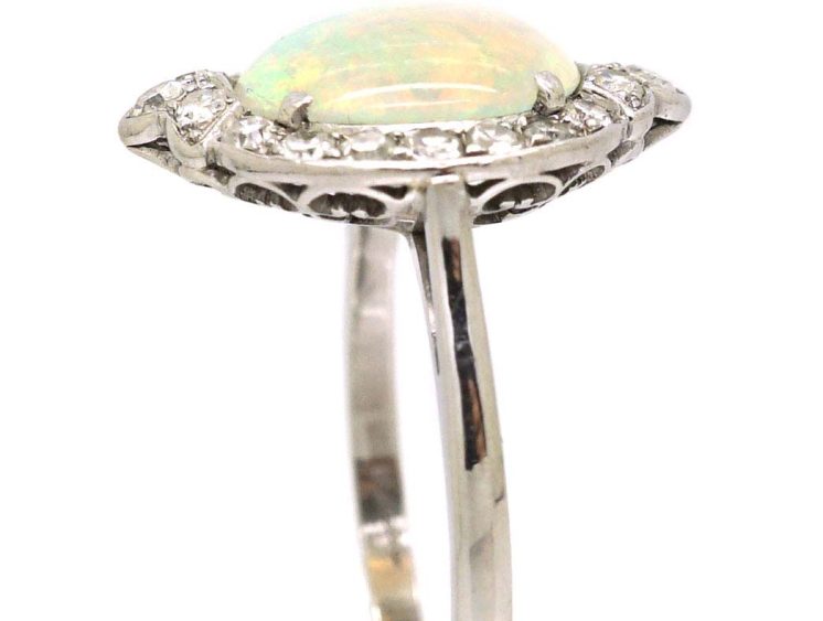 Art Deco Platinum Cluster Ring set with an Opal & Diamonds