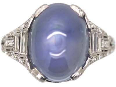 Art Deco Platinum Ring set with a Cabochon Sapphire & Diamonds