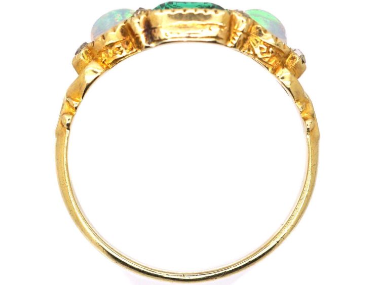 Early Victorian 15ct Gold Ring set with an Emerald & Opals with Rose Diamonds