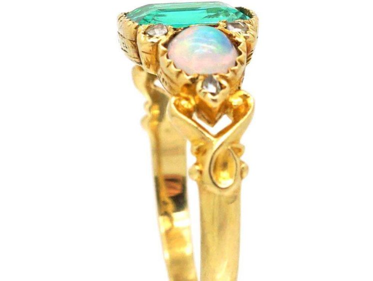 Early Victorian 15ct Gold Ring set with an Emerald & Opals with Rose Diamonds