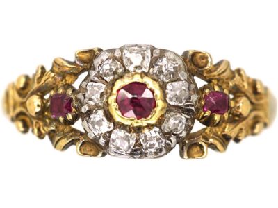 Georgian 15ct Gold & Silver Cluster Ring set with Rubies & Old Mine Cut Diamonds