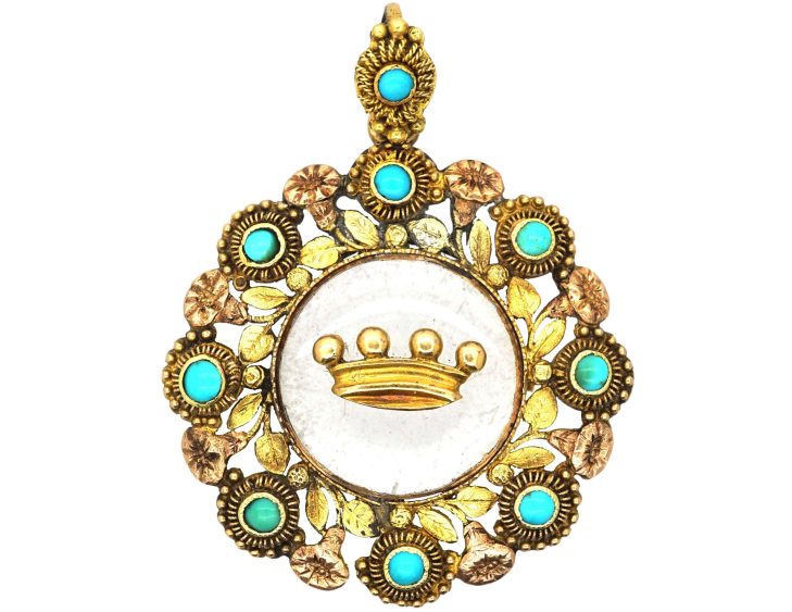 Georgian Three Colour Gold Round Pendant set with Turquoise