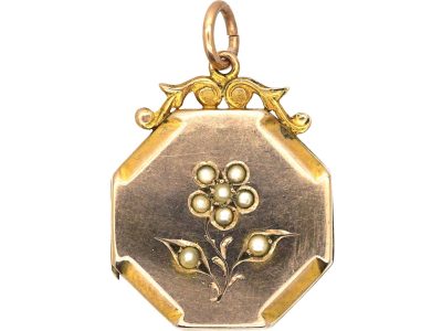 Edwardian 9ct Gold Back & Front Octagonal Locket. with Natural Split Pearl Flower Motif