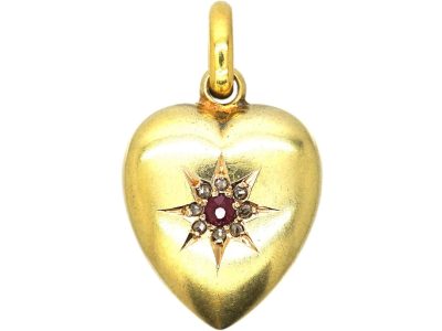 Edwardian 15ct Gold Heart pendant set with a Ruby & Rose Diamonds
