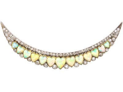 Victorian Large 15ct Gold & Silver Crescent Brooch set with Heart Shaped Opals & Diamonds