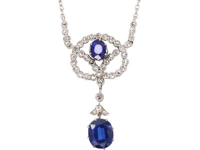 Art Deco Platinum Lover's Knot Necklace set with Sapphires & Rose Diamonds